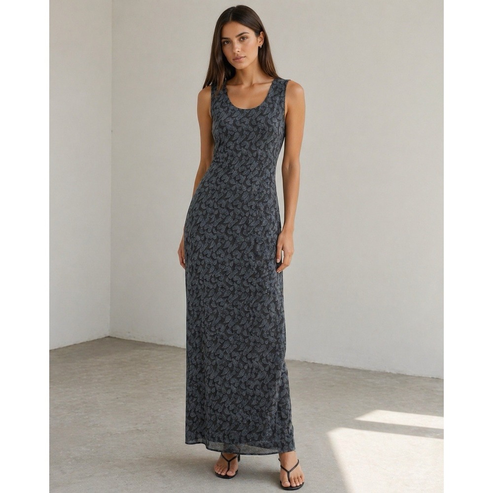 Banana Republic Sz 8 Gray 100% Silk‎ Leaf Maxi Sheath Dress Sleeveless Back Slit - Picture 3 of 12